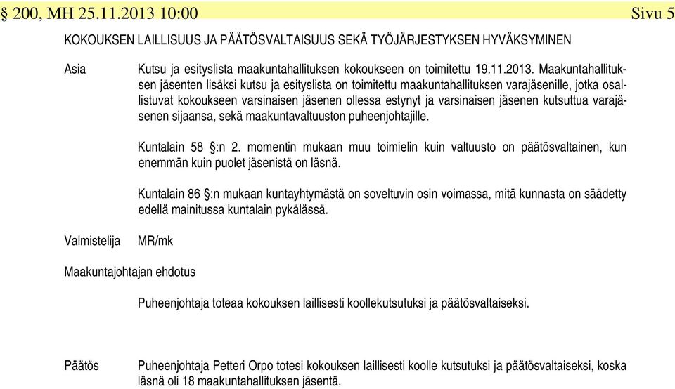 Maakuntahallituksen jäsenten lisäksi kutsu ja esityslista on toimitettu maakuntahallituksen varajäsenille, jotka osallistuvat kokoukseen varsinaisen jäsenen ollessa estynyt ja varsinaisen jäsenen