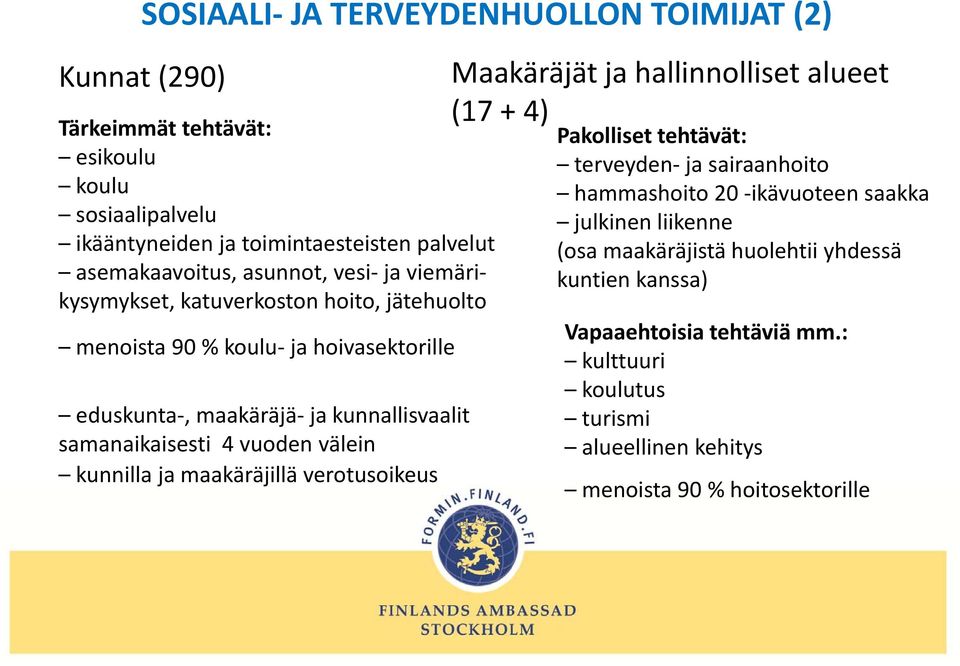 välein kunnilla ja maakäräjillä verotusoikeus Maakäräjät ja hallinnolliset alueet (17 + 4) Pakolliset tehtävät: terveyden ja sairaanhoito hammashoito 20 ikävuoteen saakka