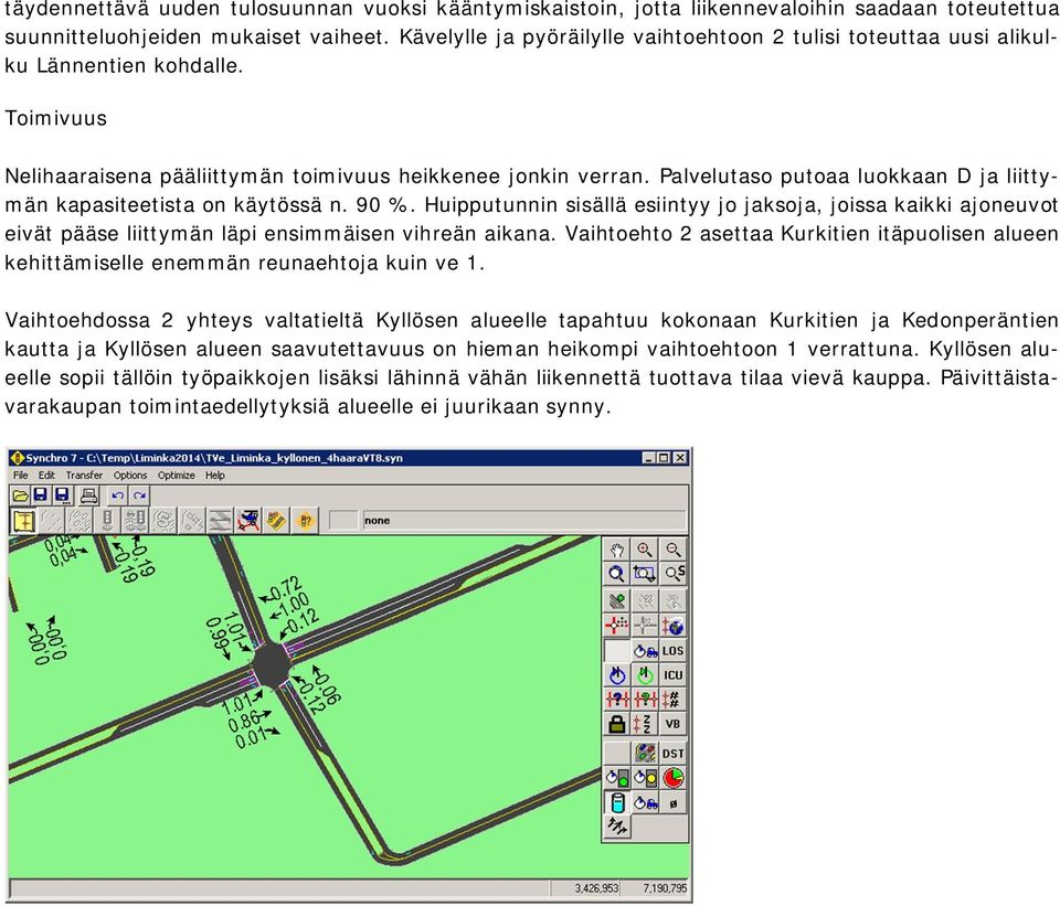 Palvelutaso putoaa luokkaan D ja liittymän kapasiteetista on käytössä n. 90 %. Huipputunnin sisällä esiintyy jo jaksoja, joissa kaikki ajoneuvot eivät pääse liittymän läpi ensimmäisen vihreän aikana.