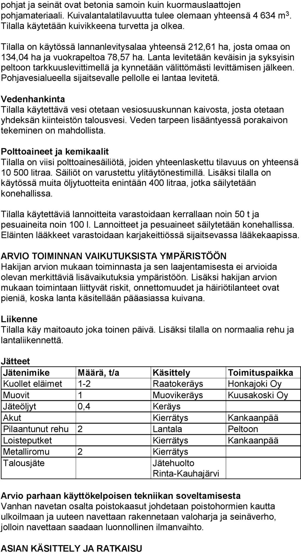 Lanta levitetään keväisin ja syksyisin peltoon tarkkuuslevittimellä ja kynnetään välittömästi levittämisen jälkeen. Pohjavesialueella sijaitsevalle pellolle ei lantaa levitetä.