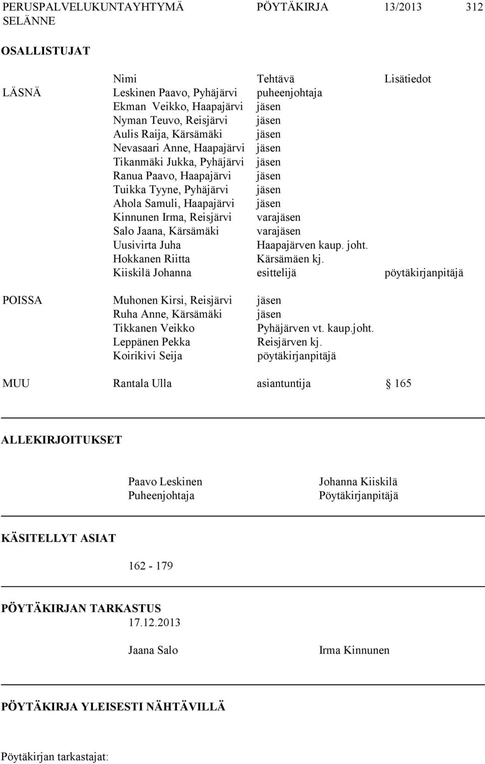 Jaana, Kärsämäki varajäsen Uusivirta Juha Haapajärven kaup. joht. Hokkanen Riitta Kärsämäen kj.