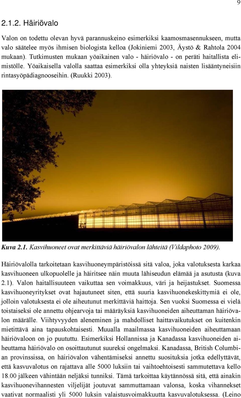 (Ruukki 2003). Kuva 2.1. Kasvihuoneet ovat merkittäviä häiriövalon lähteitä (Vildaphoto 2009).