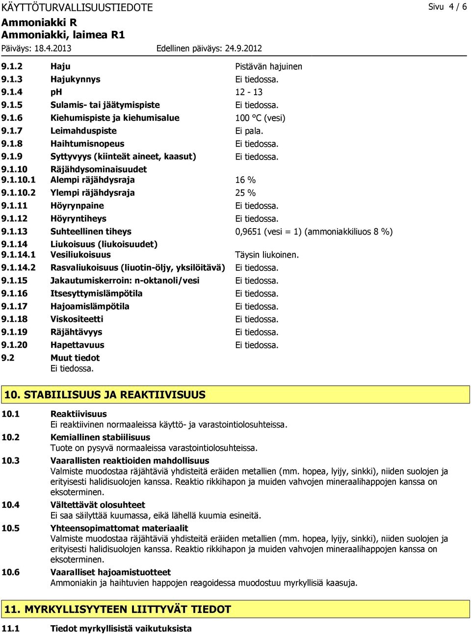 1.13 Suhteellinen tiheys 0,9651 (vesi = 1) (ammoniakkiliuos 8 %) 9.1.14 Liukoisuus (liukoisuudet) 9.1.14.1 Vesiliukoisuus Täysin liukoinen. 9.1.14.2 Rasvaliukoisuus (liuotin-öljy, yksilöitävä) 9.1.15 Jakautumiskerroin: n-oktanoli/vesi 9.