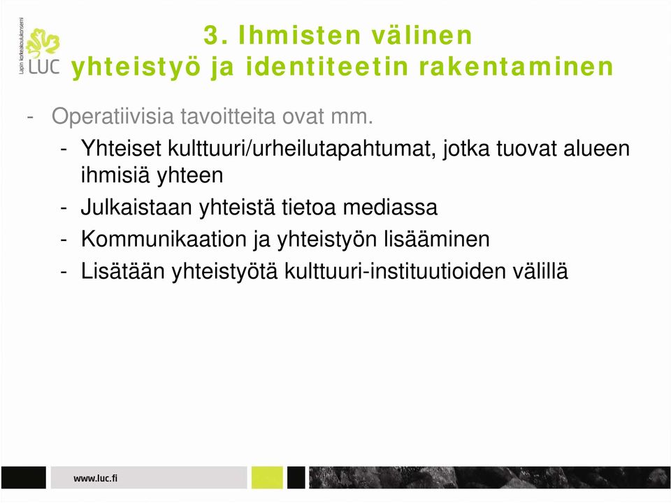 - Yhteiset kulttuuri/urheilutapahtumat, jotka tuovat alueen ihmisiä yhteen -