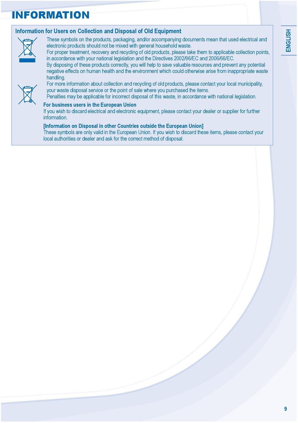 For proper treatment, recovery and recycling of old products, please take them to applicable collection points, in accordance with your national legislation and the Directives 2002/96/E and 2006/66/E.