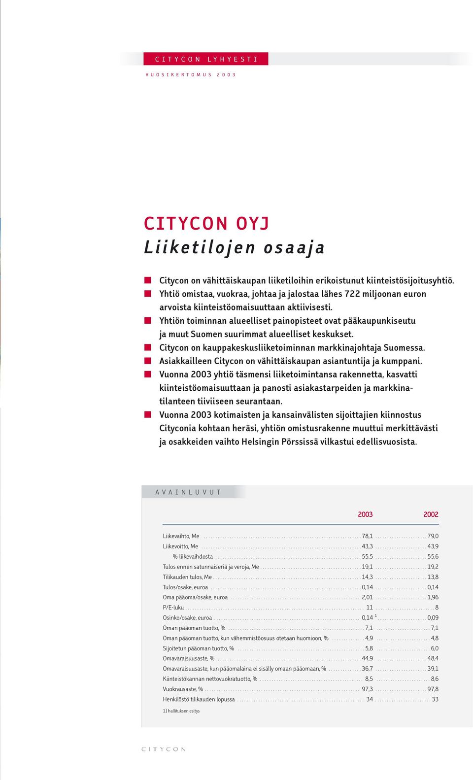 Yhtiön toiminnan alueelliset painopisteet ovat pääkaupunkiseutu ja muut Suomen suurimmat alueelliset keskukset. Citycon on kauppakeskusliiketoiminnan markkinajohtaja Suomessa.