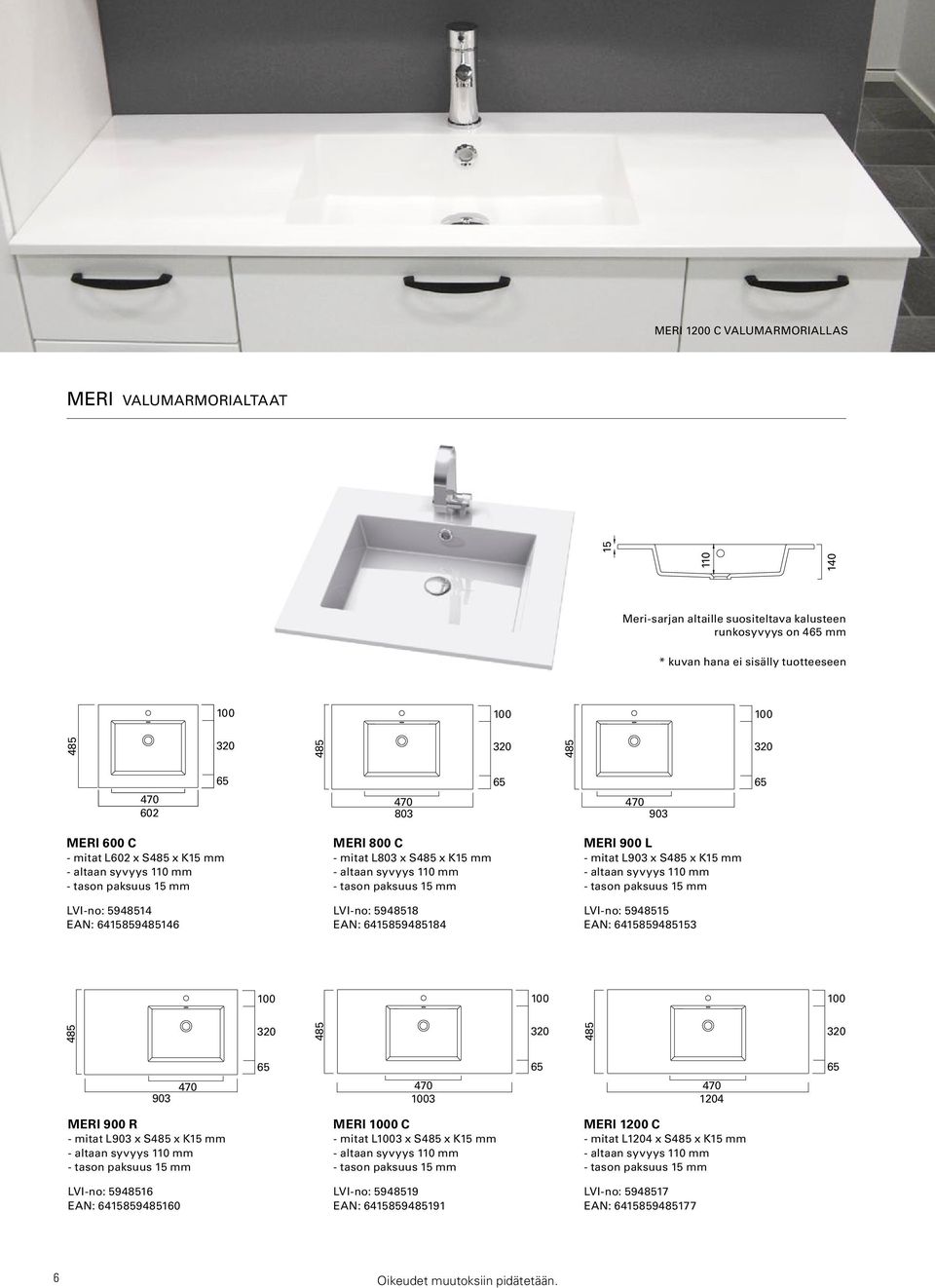 tason paksuus 15 mm LVI-no: 5948518 EAN: 6415859485184 MERI 900 L - mitat L903 x S485 x K15 mm - altaan syvyys 110 mm - tason paksuus 15 mm LVI-no: 5948515 EAN: 6415859485153 485 485 485 65 65 65 903