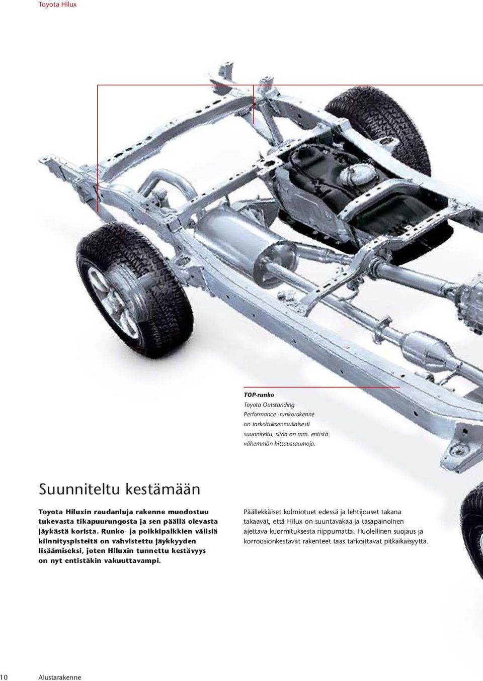 Runko- ja poikkipalkkien välisiä kiinnityspisteitä on vahvistettu jäykkyyden lisäämiseksi, joten Hiluxin tunnettu kestävyys on nyt entistäkin vakuuttavampi.