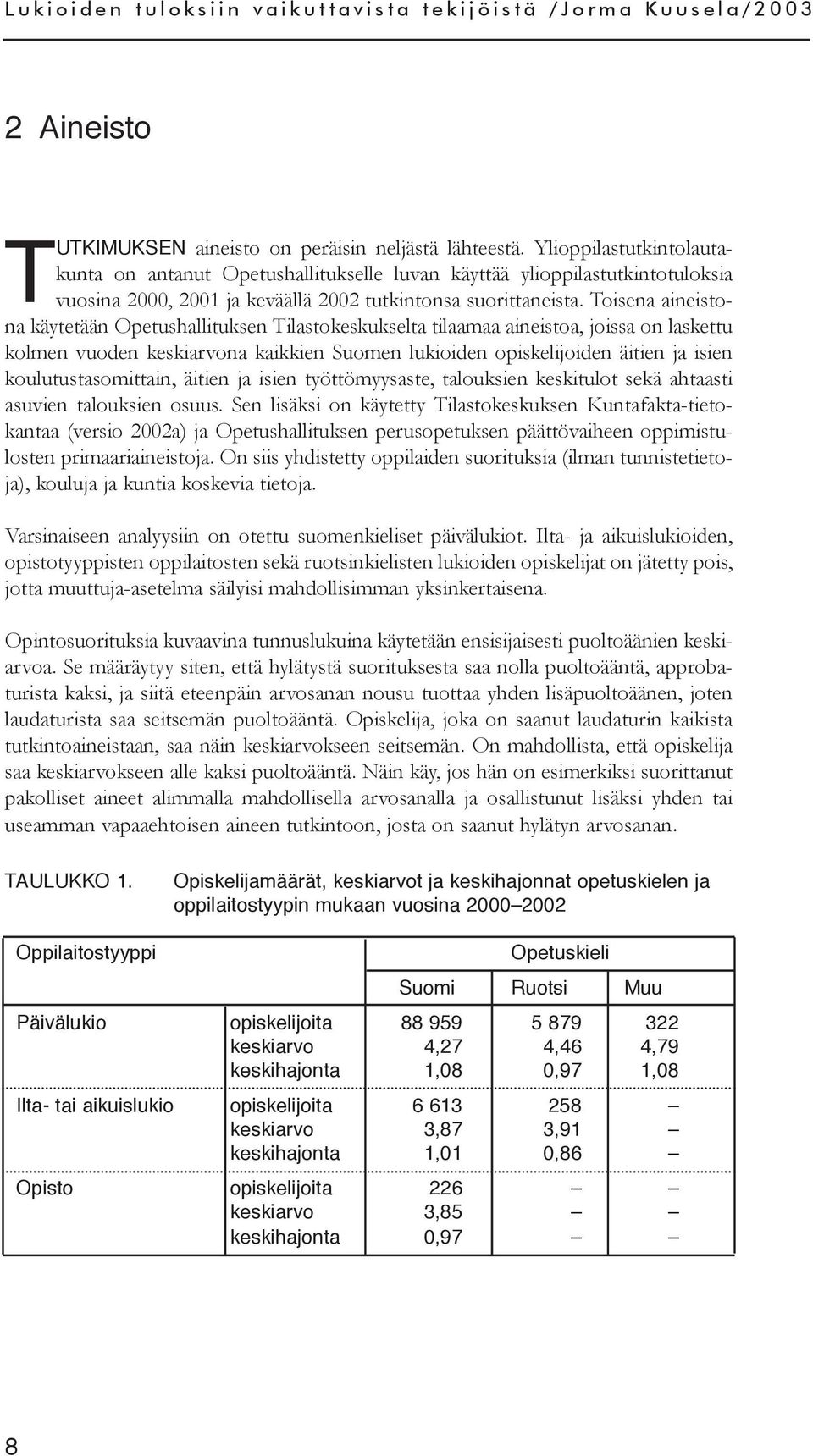 Toisena aineistona käytetään Opetushallituksen Tilastokeskukselta tilaamaa aineistoa, joissa on laskettu kolmen vuoden keskiarvona kaikkien Suomen lukioiden opiskelijoiden äitien ja isien