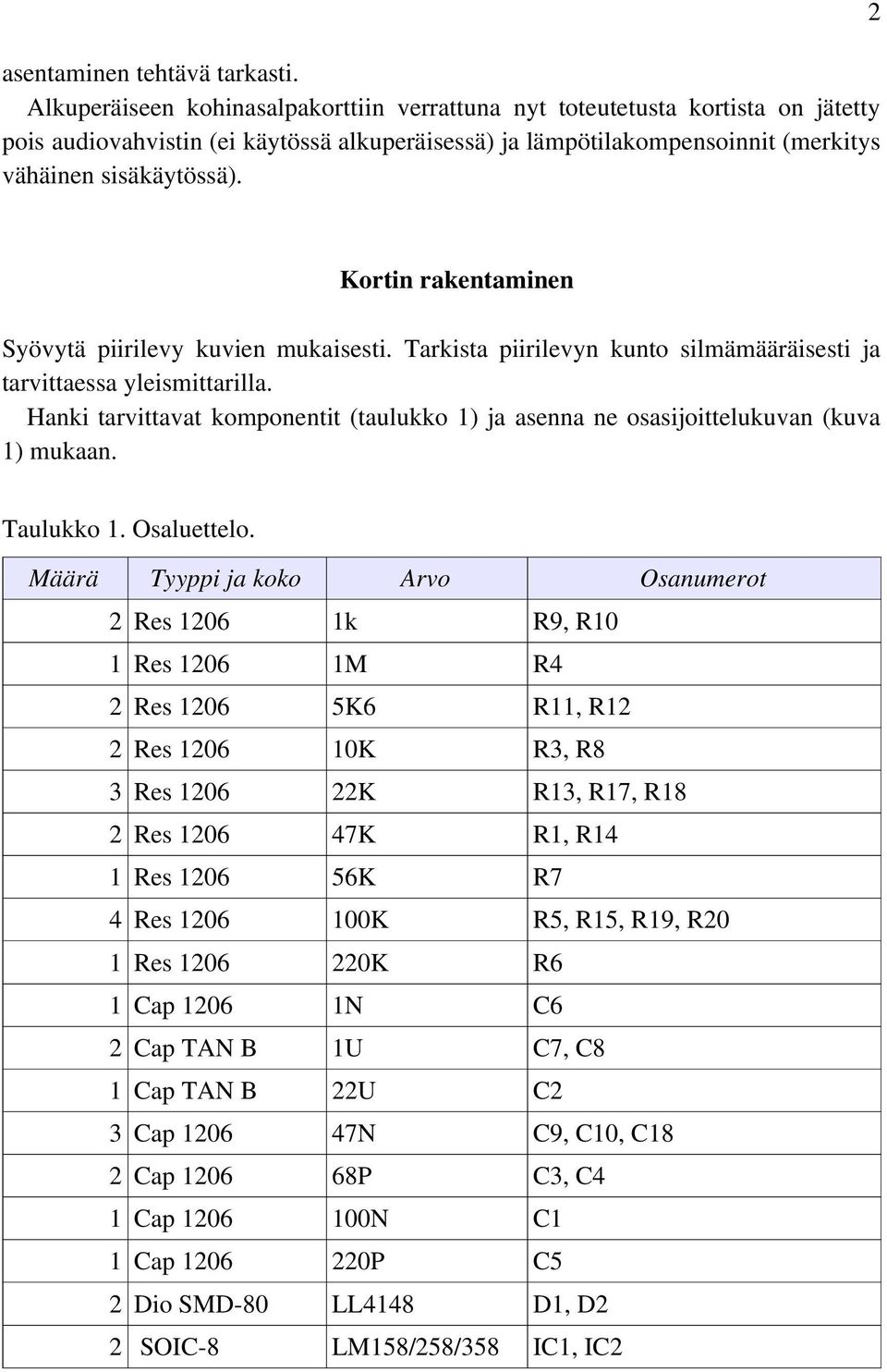 2 Kortin rakentaminen Syövytä piirilevy kuvien mukaisesti. Tarkista piirilevyn kunto silmämääräisesti ja tarvittaessa yleismittarilla.