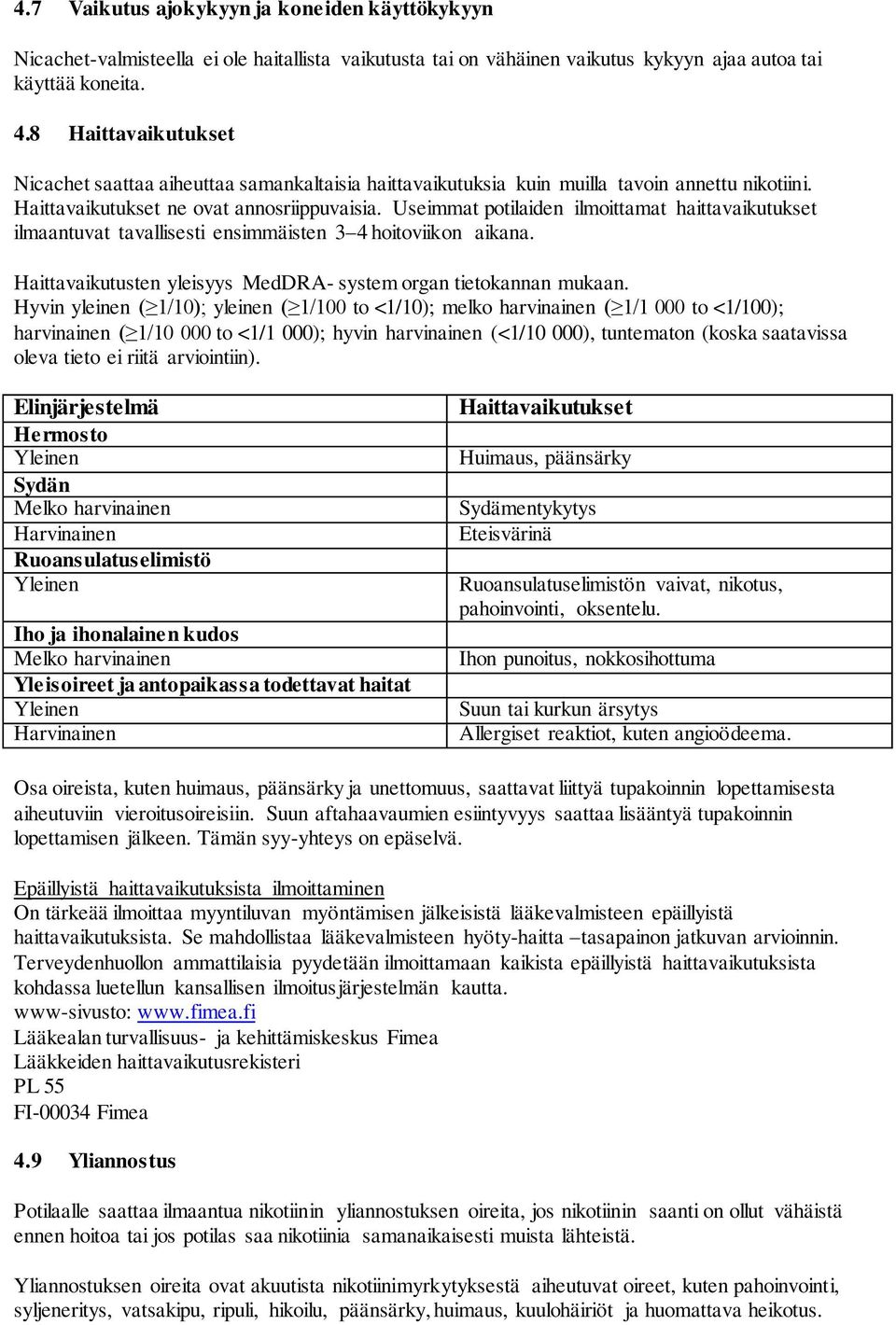 Useimmat potilaiden ilmoittamat haittavaikutukset ilmaantuvat tavallisesti ensimmäisten 3 4 hoitoviikon aikana. Haittavaikutusten yleisyys MedDRA- system organ tietokannan mukaan.