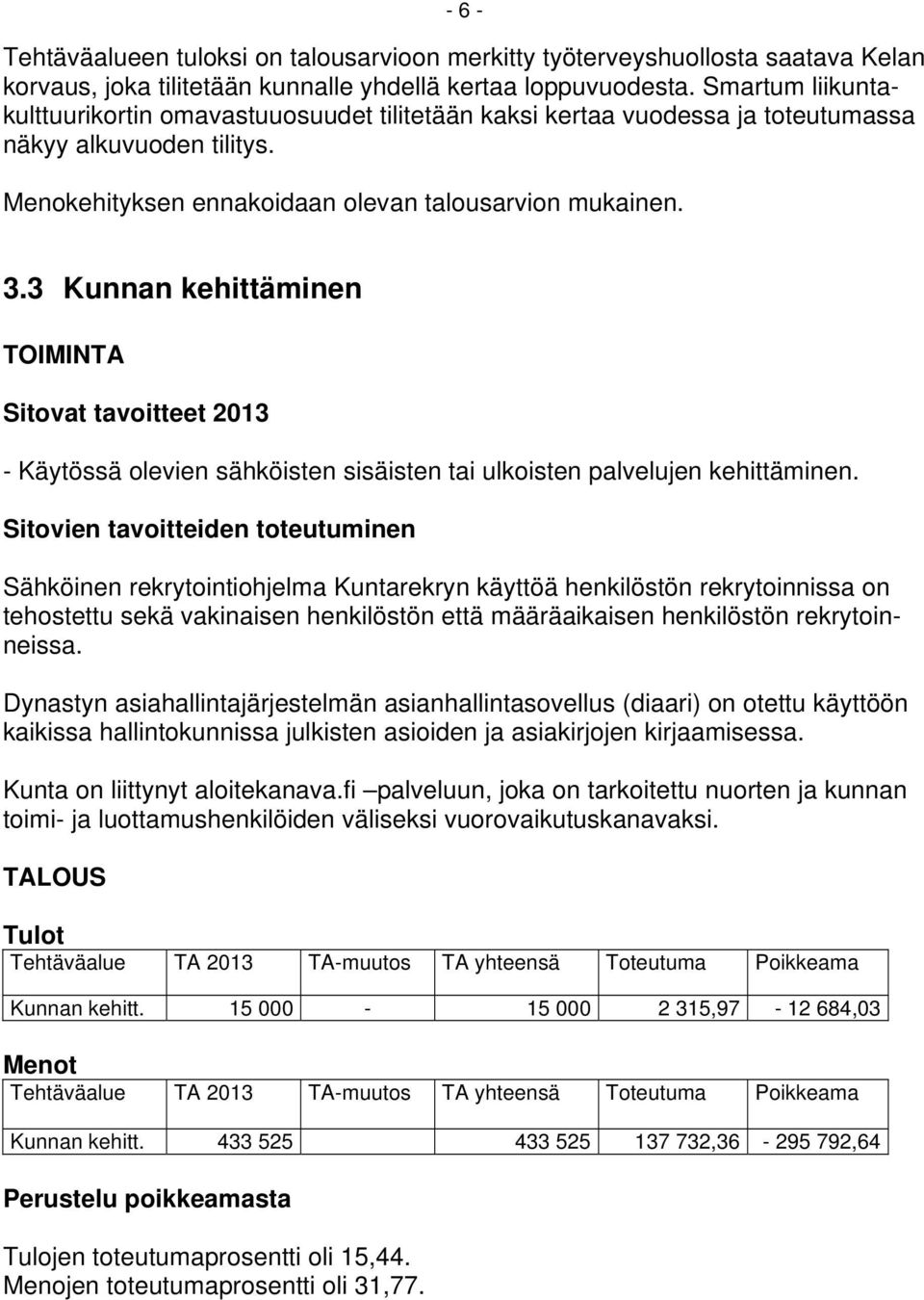 3 Kunnan kehittäminen TOIMINTA Sitovat tavoitteet 2013 - Käytössä olevien sähköisten sisäisten tai ulkoisten palvelujen kehittäminen.