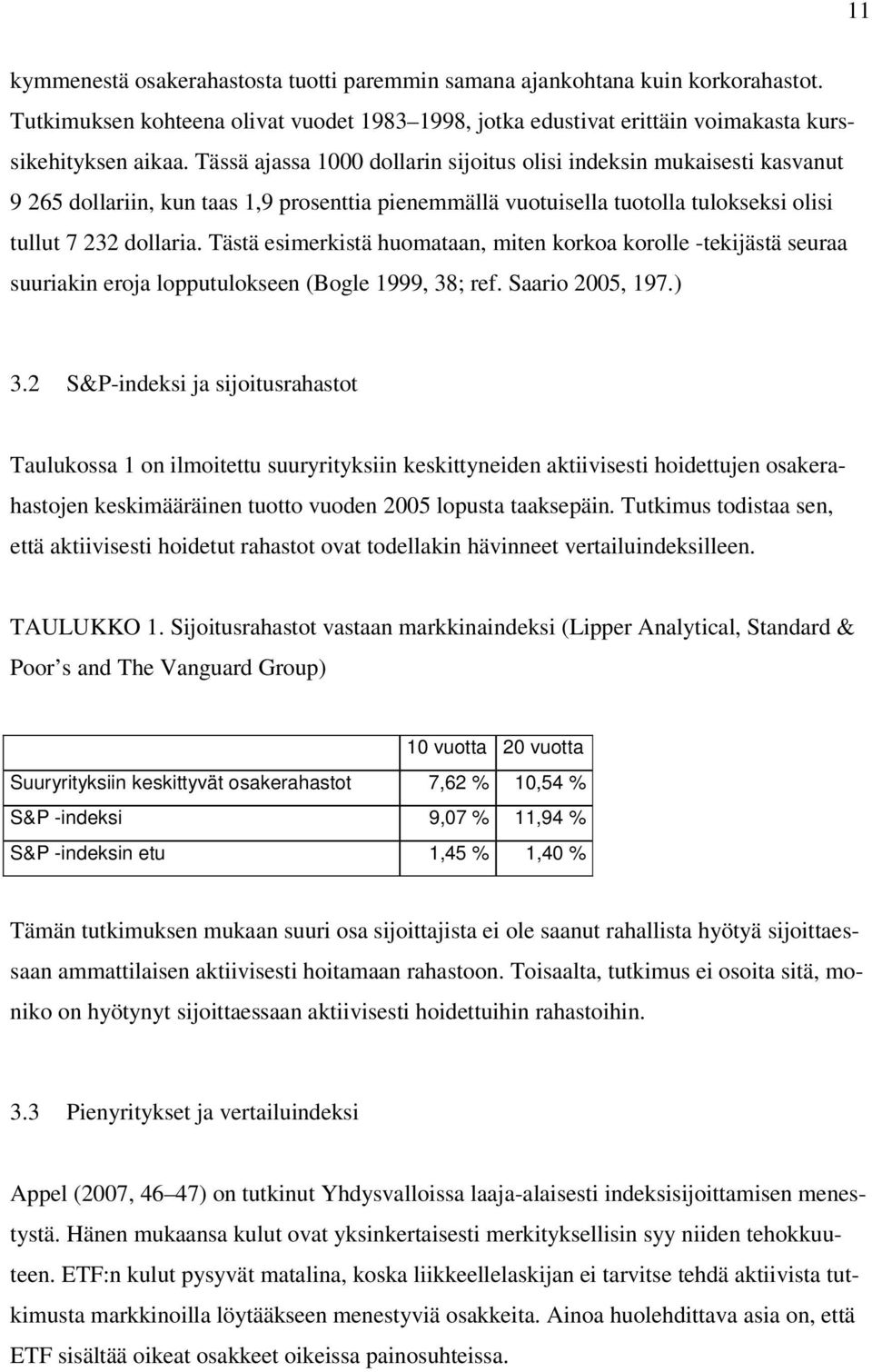 Tästä esimerkistä huomataan, miten korkoa korolle -tekijästä seuraa suuriakin eroja lopputulokseen (Bogle 1999, 38; ref. Saario 2005, 197.) 3.