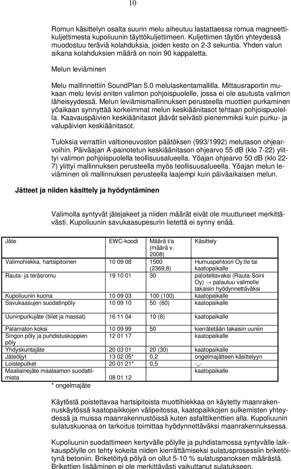 0 melulaskentamallilla. Mittausraportin mukaan melu levisi eniten valimon pohjoispuolelle, jossa ei ole asutusta valimon läheisyydessä.