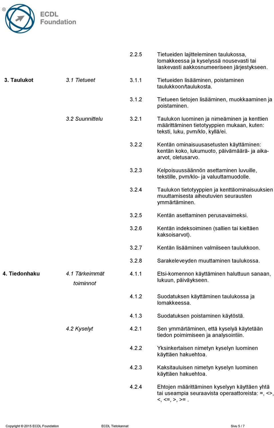 3.2.2 Kentän ominaisuusasetusten käyttäminen: kentän koko, lukumuoto, päivämäärä- ja aikaarvot, oletusarvo. 3.2.3 Kelpoisuussäännön asettaminen luvuille, tekstille, pvm/klo- ja valuuttamuodolle. 3.2.4 Taulukon tietotyyppien ja kenttäominaisuuksien muuttamisesta aiheutuvien seurausten ymmärtäminen.