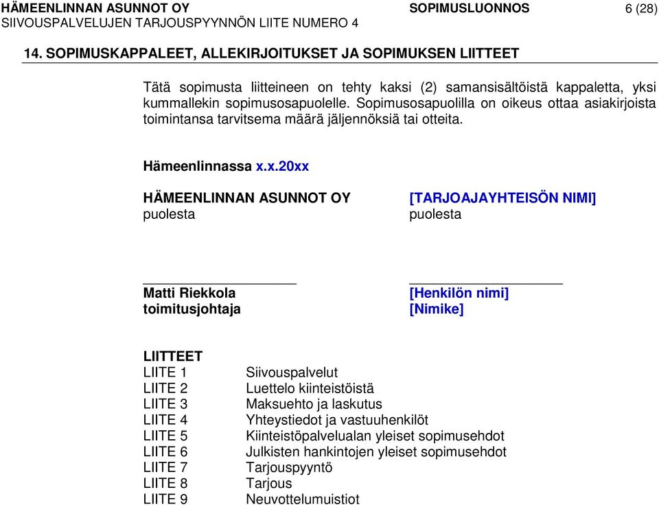 x.20xx HÄMEENLINNAN ASUNNOT OY puolesta [TARJOAJAYHTEISÖN NIMI] puolesta Matti Riekkola toimitusjohtaja [Henkilön nimi] [Nimike] LIITTEET LIITE 1 LIITE 2 LIITE 3 LIITE 4 LIITE 5