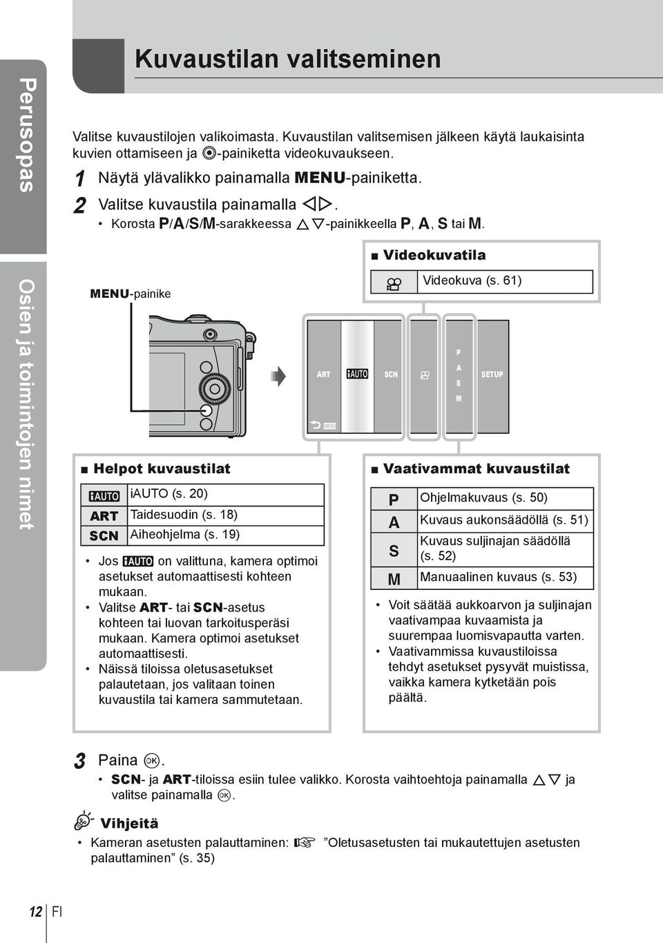 20) ART Taidesuodin (s. 18) SCN Aiheohjelma (s. 19) Jos A on valittuna, kamera optimoi asetukset automaattisesti kohteen mukaan. Valitse ART- tai SCN-asetus kohteen tai luovan tarkoitusperäsi mukaan.