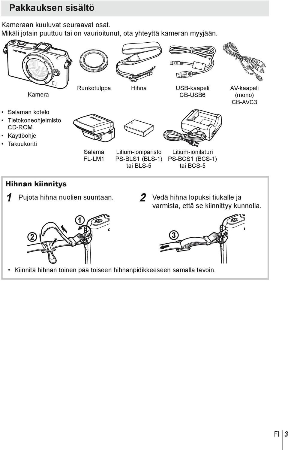 Litium-ioniparisto PS-BLS1 (BLS-1) tai BLS-5 Litium-ionilaturi PS-BCS1 (BCS-1) tai BCS-5 AV-kaapeli (mono) CB-AVC3 Hihnan kiinnitys 1 Pujota