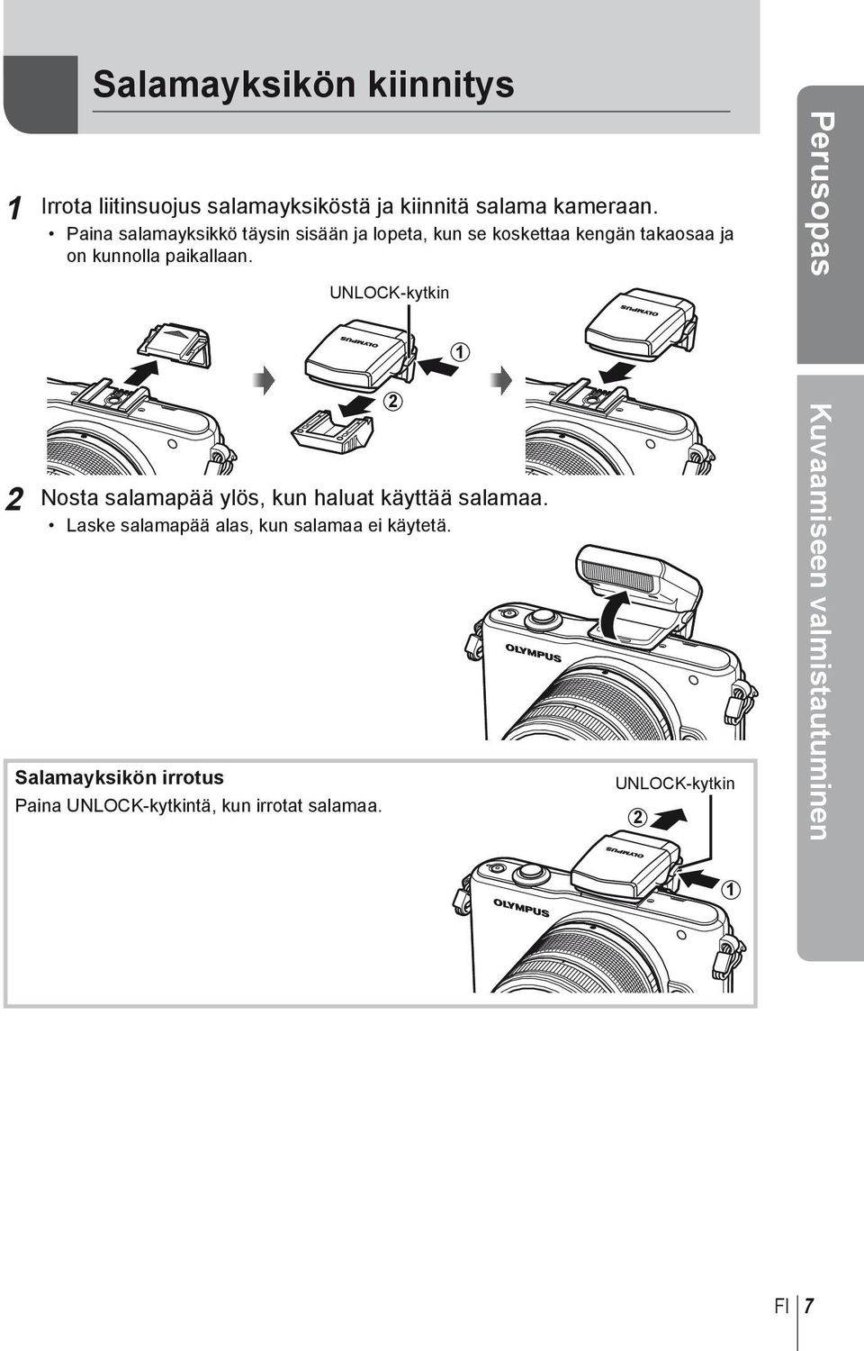 UNLOCK-kytkin Perusopas 1 2 Nosta salamapää ylös, kun haluat käyttää salamaa.