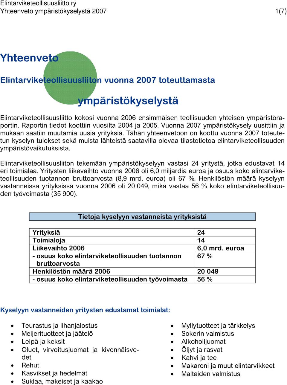 Tähän yhteenvetoon on koottu vuonna 2007 toteutetun kyselyn tulokset sekä muista lähteistä saatavilla olevaa tilastotietoa elintarviketeollisuuden ympäristövaikutuksista.