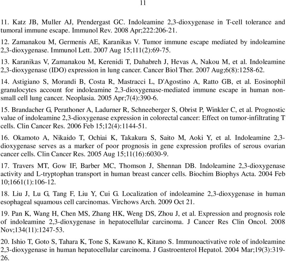 Indoleamine 2,3-dioxygenase (IDO) expression in lung cancer. Cancer Biol Ther. 2007 Aug;6(8):1258-62. 14. Astigiano S, Morandi B, Costa R, Mastracci L, D'Agostino A, Ratto GB, et al.