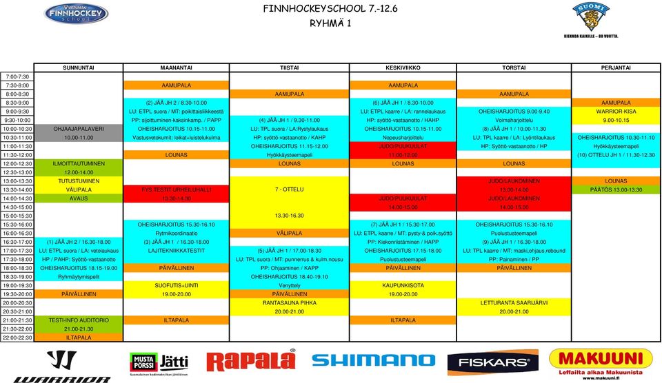 / PAPP (4) JÄÄ JH 1 / 9.30-11.00 HP: syöttö-vastaanotto / HAHP Voimaharjoittelu 9.00-10.15 10:00-10:30 OHJAAJAPALAVERI OHEISHARJOITUS 10.15-11.00 LU: TPL suora / LA:Rystylaukaus OHEISHARJOITUS 10.