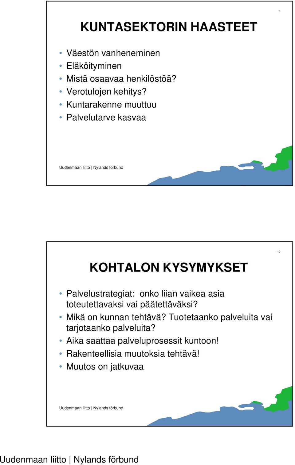 Kuntarakenne muuttuu Palvelutarve kasvaa 10 KOHTALON KYSYMYKSET Palvelustrategiat: onko liian vaikea