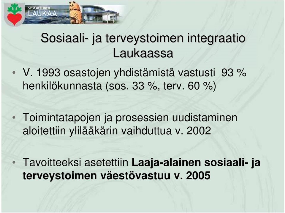 60 %) Toimintatapojen ja prosessien uudistaminen aloitettiin ylilääkärin