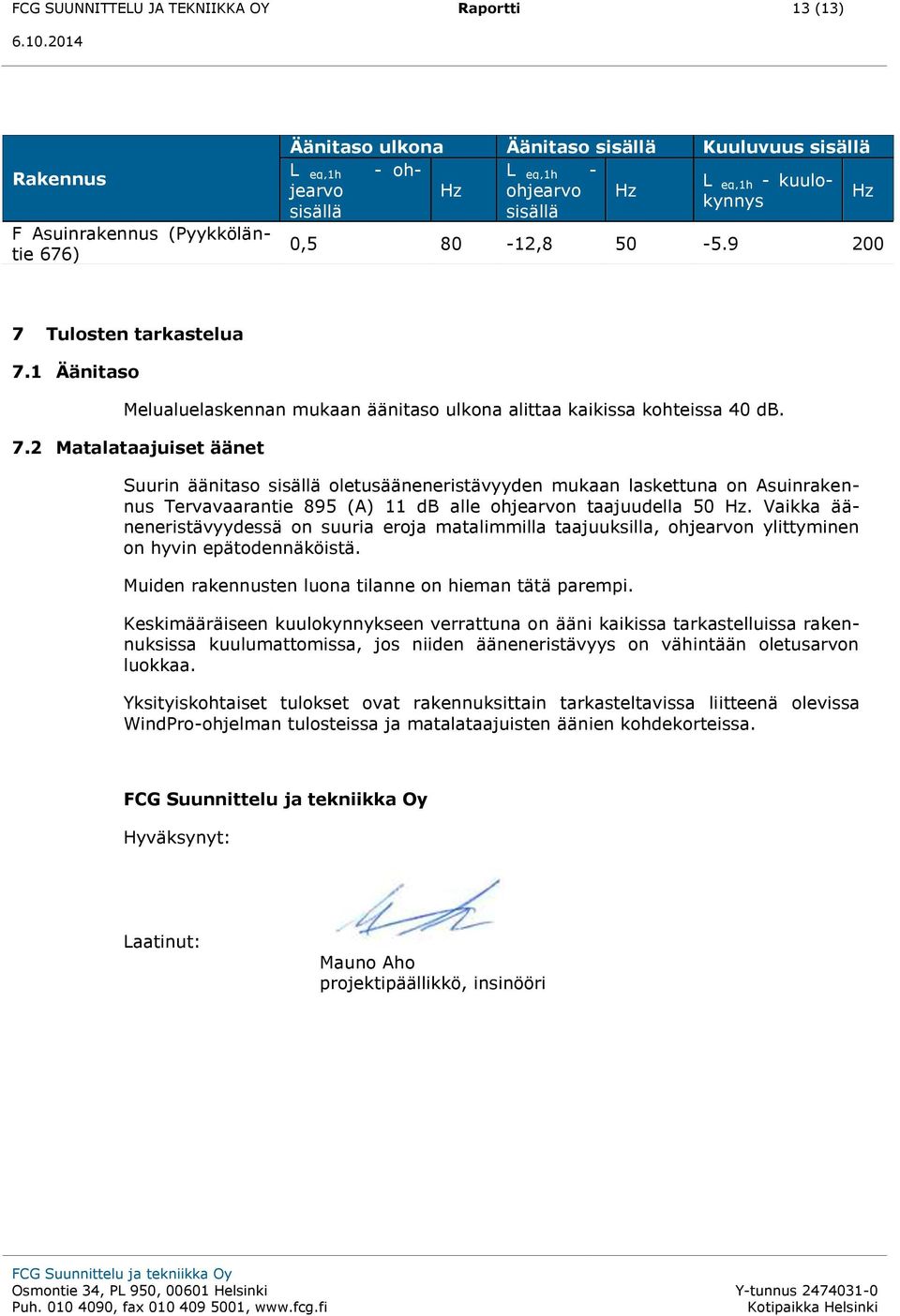 Tulosten tarkastelua 7.1 Äänitaso Melualuelaskennan mukaan äänitaso ulkona alittaa kaikissa kohteissa 40 db. 7.2 Matalataajuiset äänet Suurin äänitaso sisällä oletusääneneristävyyden mukaan laskettuna on Asuinrakennus Tervavaarantie 895 (A) 11 db alle ohjearvon taajuudella 50 Hz.