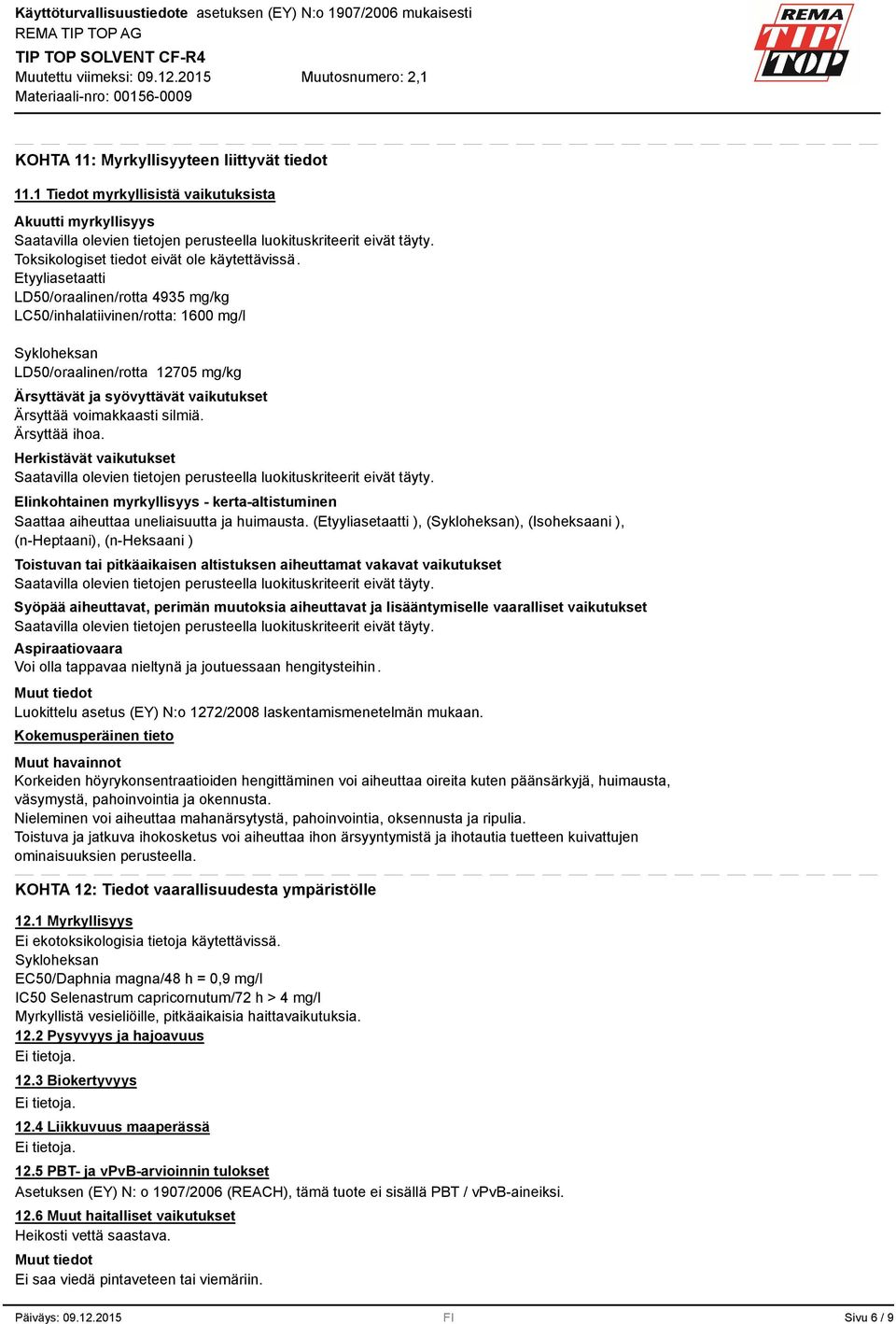 Etyyliasetaatti LD50/oraalinen/rotta 495 mg/kg LC50/inhalatiivinen/rotta: 1600 mg/l Sykloheksan LD50/oraalinen/rotta 12705 mg/kg Ärsyttävät ja syövyttävät vaikutukset Herkistävät vaikutukset
