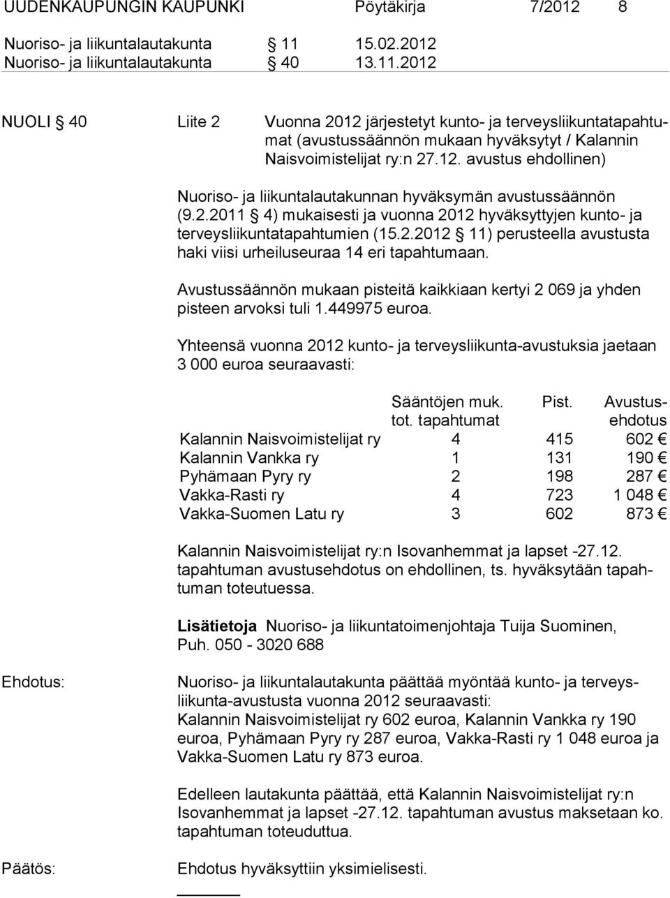 2012 NUOLI 40 Liite 2 Vuonna 2012 järjestetyt kunto- ja terveysliikuntatapahtumat (avustussäännön mukaan hyväksytyt / Kalannin Naisvoimistelijat ry:n 27.12. avustus ehdollinen) Nuoriso- ja liikuntalautakunnan hyväksymän avustussäännön (9.
