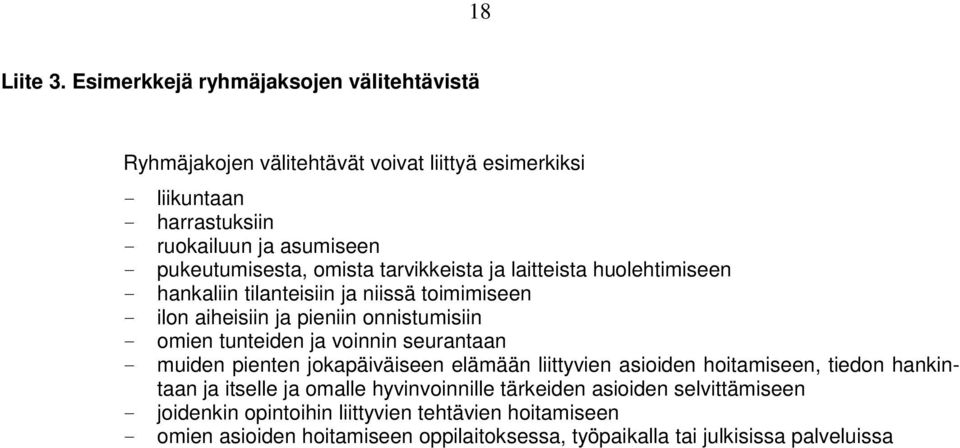 omista tarvikkeista ja laitteista huolehtimiseen hankaliin tilanteisiin ja niissä toimimiseen ilon aiheisiin ja pieniin onnistumisiin omien tunteiden ja