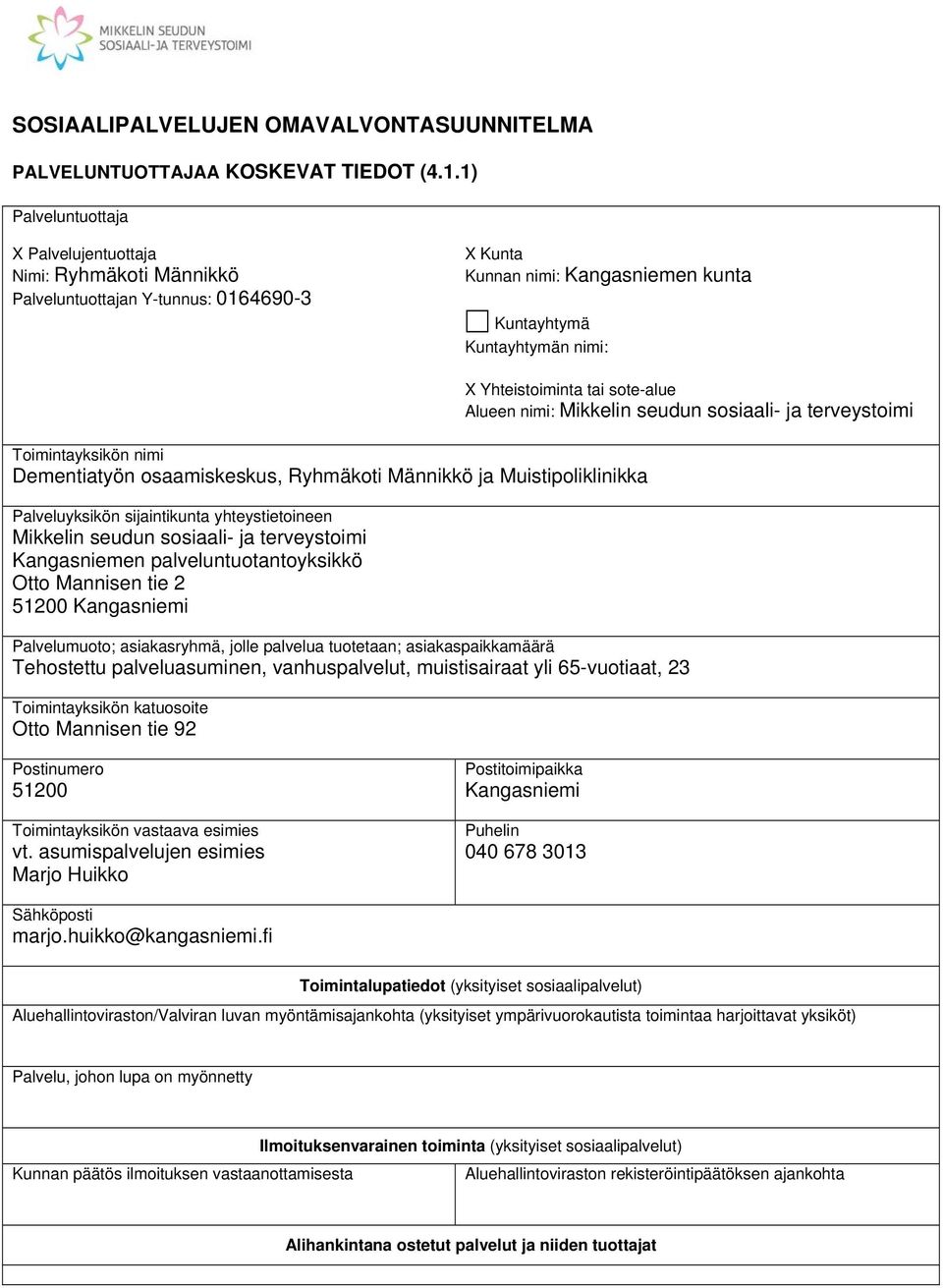 Dementiatyön osaamiskeskus, Ryhmäkoti Männikkö ja Muistipoliklinikka Palveluyksikön sijaintikunta yhteystietoineen Mikkelin seudun sosiaali- ja terveystoimi Kangasniemen palveluntuotantoyksikkö Otto