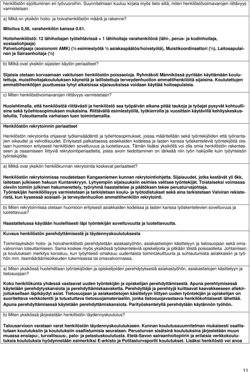 Hoitohenkilöstö: 12 lähihoitajan työtehtävissä + 1 lähihoitaja varahenkilönä (lähi-, perus- ja kodinhoitaja, sosiaaliohjaaja) Palveluohjaaja (sosionomi AMK) (½ esimiestyötä ½