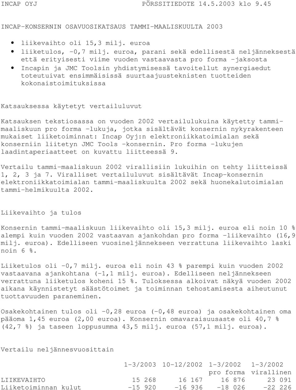 suurtaajuusteknisten tuotteiden kokonaistoimituksissa Katsauksessa käytetyt vertailuluvut Katsauksen tekstiosassa on vuoden 2002 vertailulukuina käytetty tammimaaliskuun lukuja, jotka sisältävät