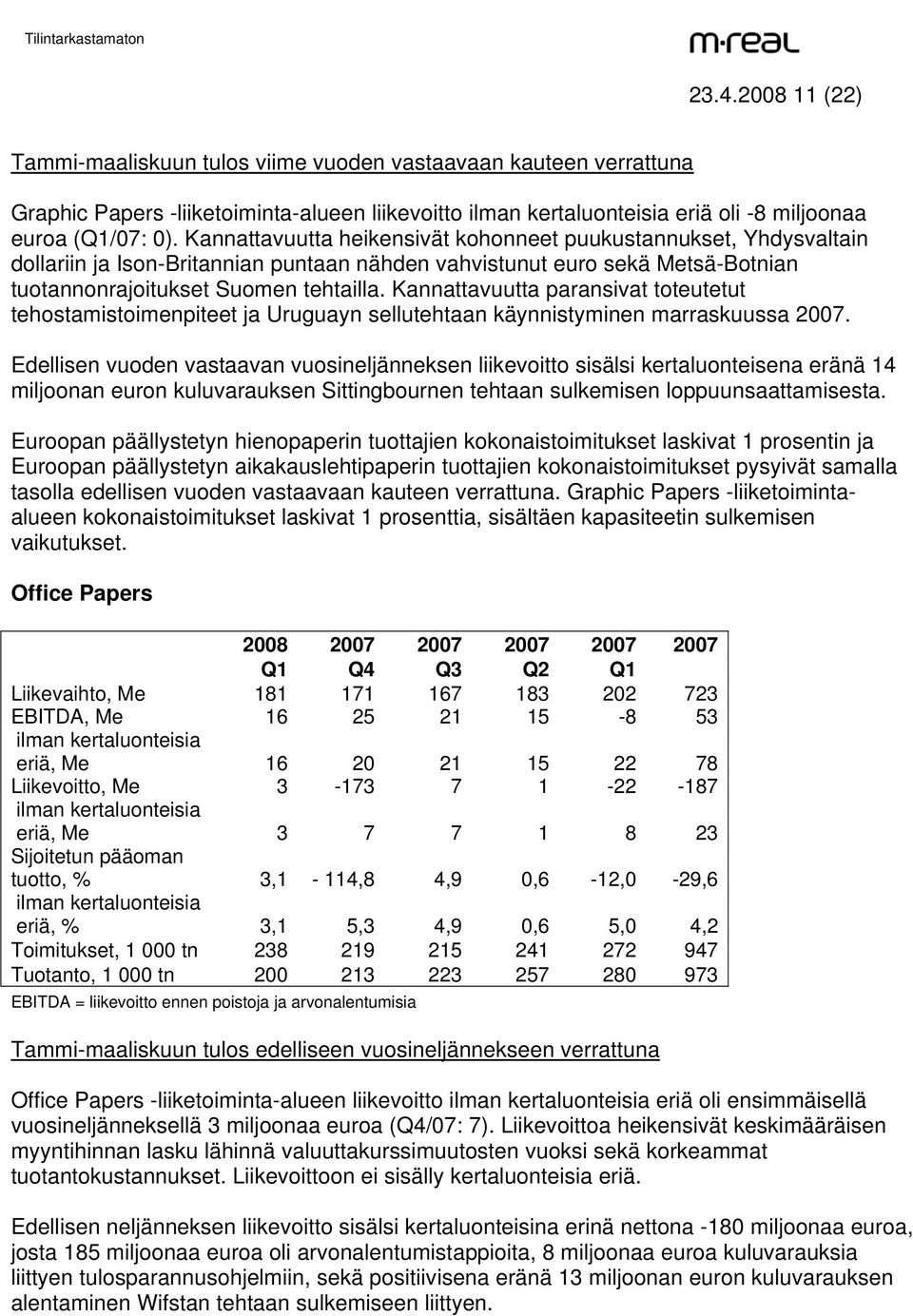 Kannattavuutta paransivat toteutetut tehostamistoimenpiteet ja Uruguayn sellutehtaan käynnistyminen marraskuussa 2007.