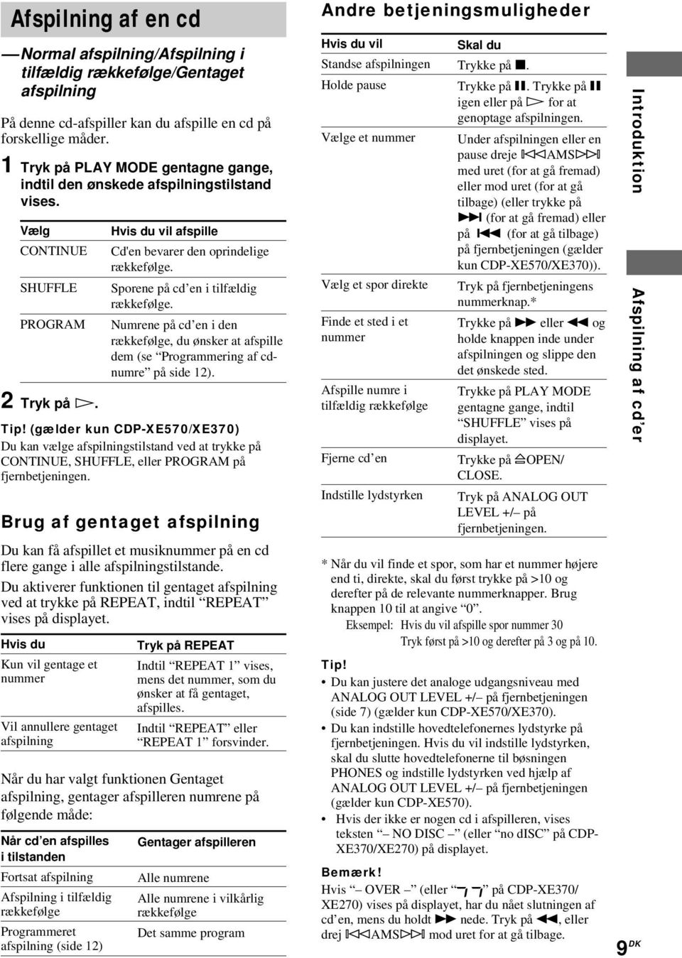 (gælder kun CDP-XE570/XE370) Du kan vælge afspilningstilstand ved at trykke på CONTINUE, SHUFFLE, eller PROGRAM på fjernbetjeningen.