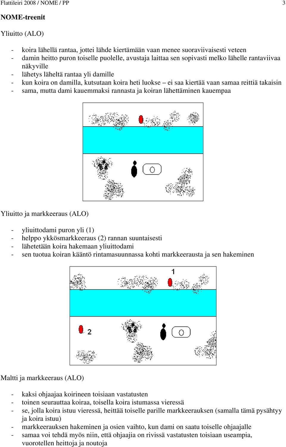 dami kauemmaksi rannasta ja koiran lähettäminen kauempaa Yliuitto ja markkeeraus (ALO) - yliuittodami puron yli (1) - helppo ykkösmarkkeeraus (2) rannan suuntaisesti - lähetetään koira hakemaan