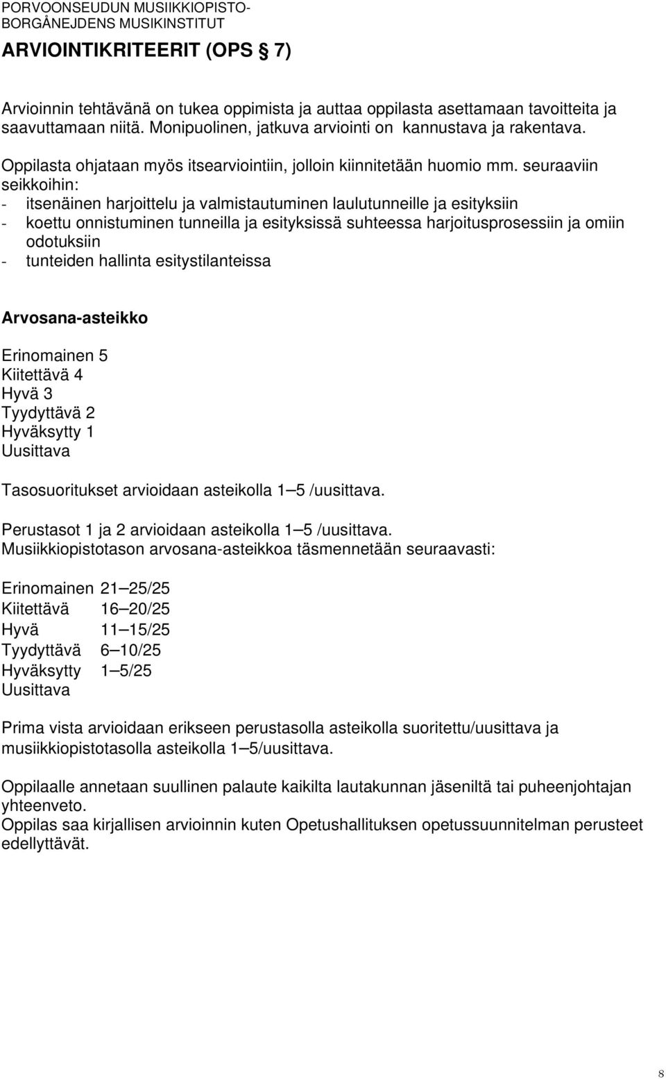 seuraaviin seikkoihin: - itsenäinen harjoittelu ja valmistautuminen laulutunneille ja esityksiin - koettu onnistuminen tunneilla ja esityksissä suhteessa harjoitusprosessiin ja omiin odotuksiin -