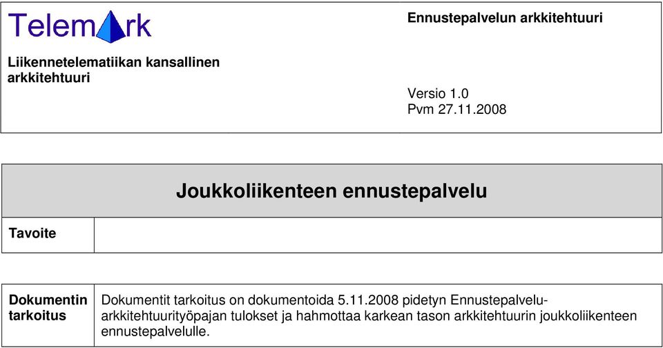 2008 Joukkoliikenteen ennustepalvelu Tavoite Dokumentin tarkoitus Dokumentit