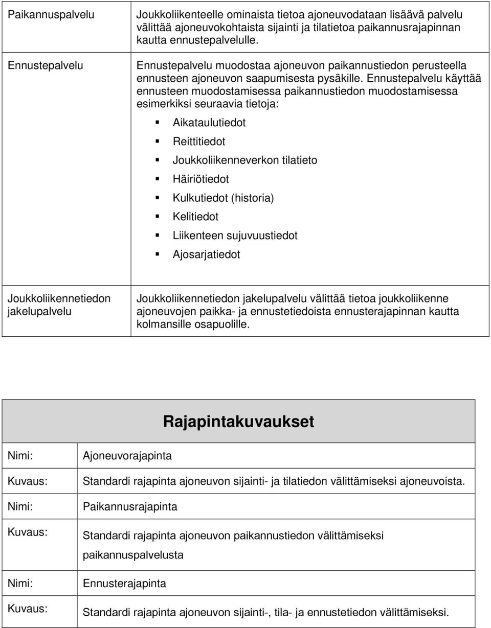 Ennustepalvelu käyttää ennusteen muodostamisessa paikannustiedon muodostamisessa esimerkiksi seuraavia tietoja: Aikataulutiedot Reittitiedot Joukkoliikenneverkon tilatieto Häiriötiedot Kulkutiedot