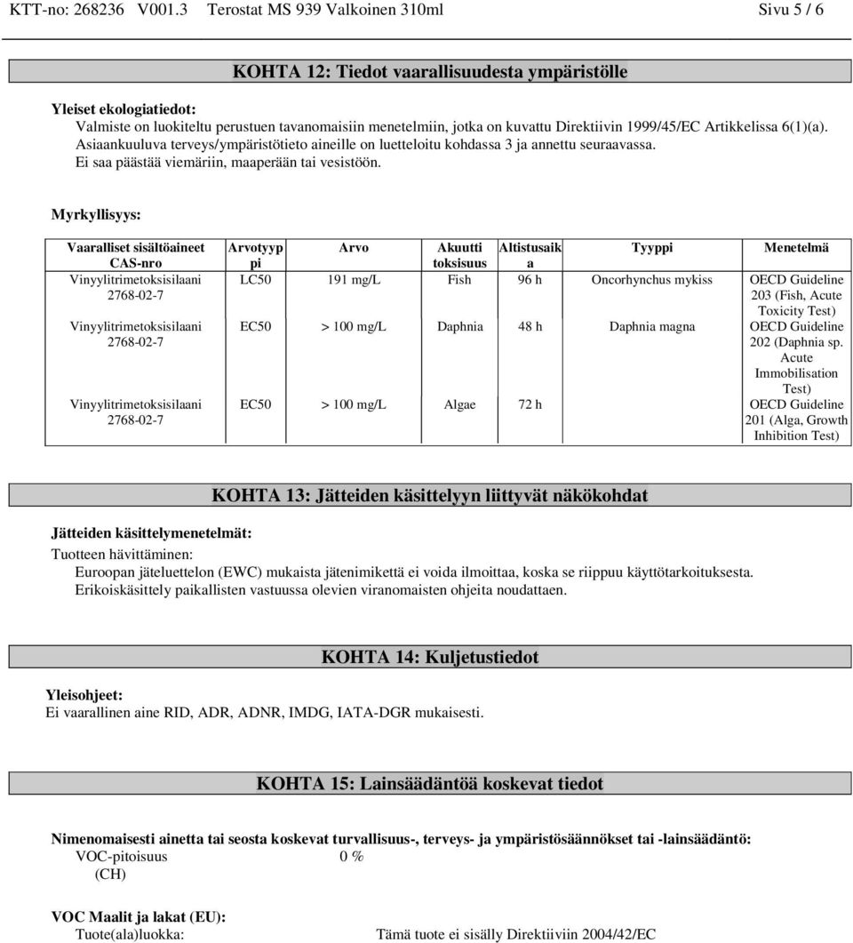 Direktiivin 1999/45/EC Artikkelissa 6(1)(a). Asiaankuuluva terveys/ympäristötieto aineille on luetteloitu kohdassa 3 ja annettu seuraavassa. Ei saa päästää viemäriin, maaperään tai vesistöön.