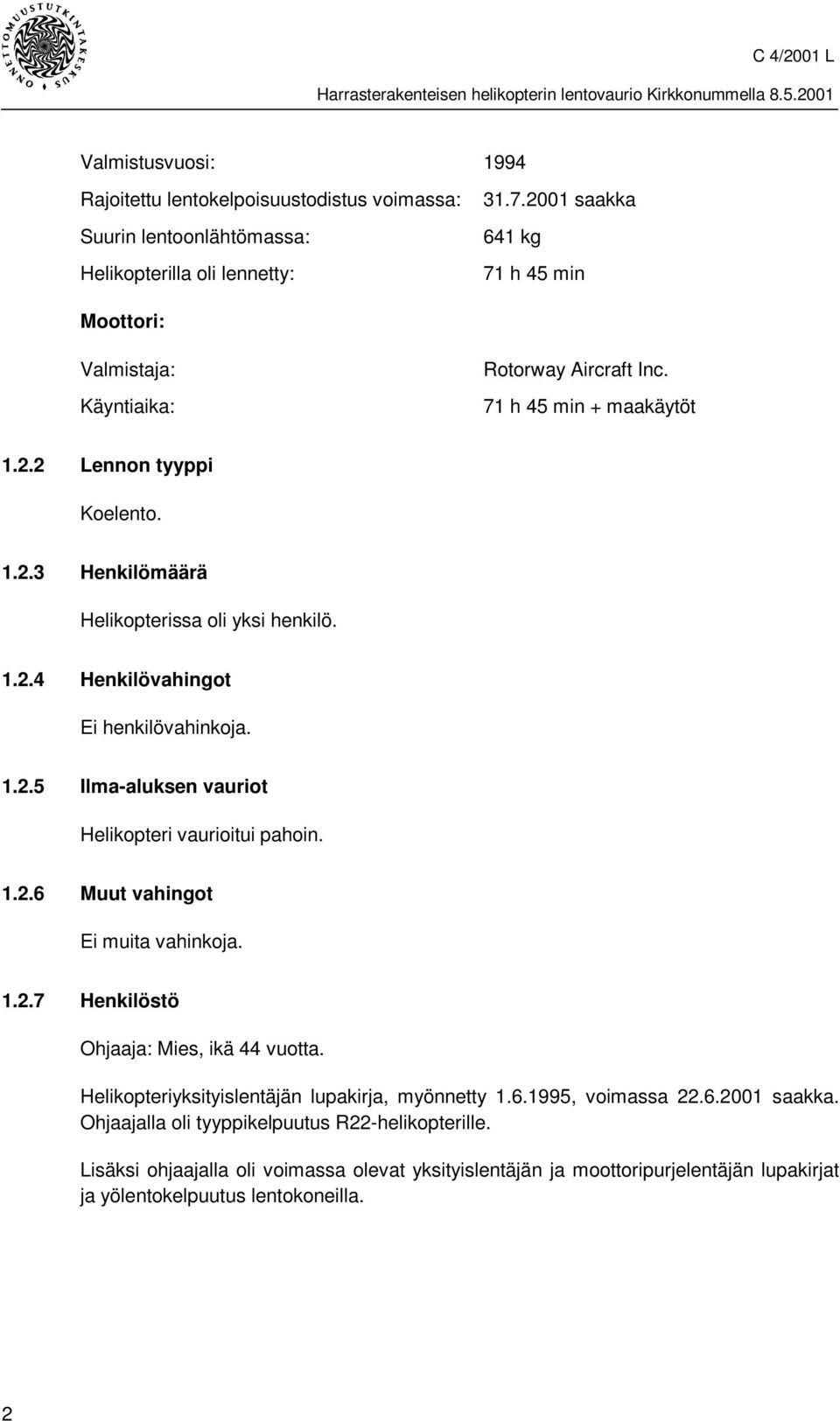 1.2.4 Henkilövahingot Ei henkilövahinkoja. 1.2.5 Ilma-aluksen vauriot Helikopteri vaurioitui pahoin. 1.2.6 Muut vahingot Ei muita vahinkoja. 1.2.7 Henkilöstö Ohjaaja: Mies, ikä 44 vuotta.
