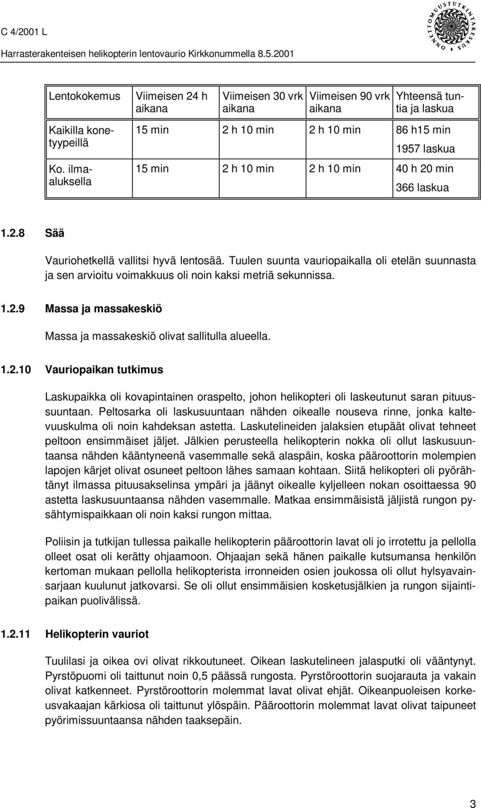 Tuulen suunta vauriopaikalla oli etelän suunnasta ja sen arvioitu voimakkuus oli noin kaksi metriä sekunnissa. 1.2.