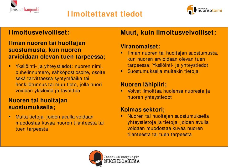 voidaan muodostaa kuvaa nuoren tilanteesta tai tuen tarpeesta Muut, kuin ilmoitusvelvolliset: Viranomaiset: Ilman nuoren tai huoltajan suostumusta, kun nuoren arvioidaan olevan tuen tarpeessa;