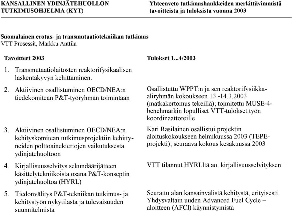 Aktiivinen osallistuminen OECD/NEA:n kehityskomitean tutkimusprojektiin kehittyneiden polttoainekiertojen vaikutuksesta ydinjätehuoltoon 4.