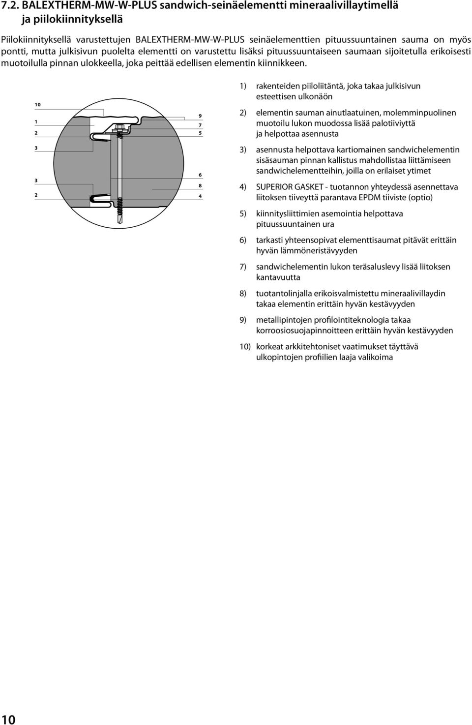 10 1 2 3 3 2 9 7 5 6 8 4 1) rakenteiden piiloliitäntä, joka takaa julkisivun esteettisen ulkonäön 2) elementin sauman ainutlaatuinen, molemminpuolinen muotoilu lukon muodossa lisää palotiiviyttä ja