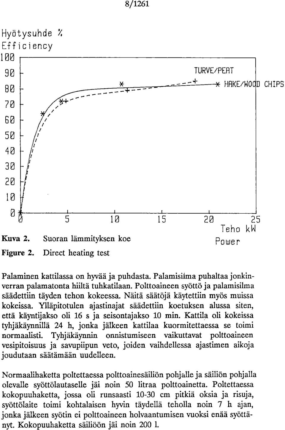 Polttoaineen syöttö ja palamisilma säädettiin täyden tehon kokeessa. Näitä säätöjä käytettiin myös muissa kokeissa.