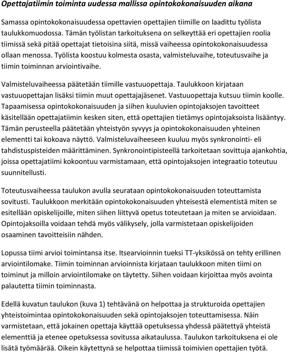 Työlista koostuu kolmesta osasta, valmisteluvaihe, toteutusvaihe ja tiimin toiminnan arviointivaihe. Valmisteluvaiheessa päätetään tiimille vastuuopettaja.