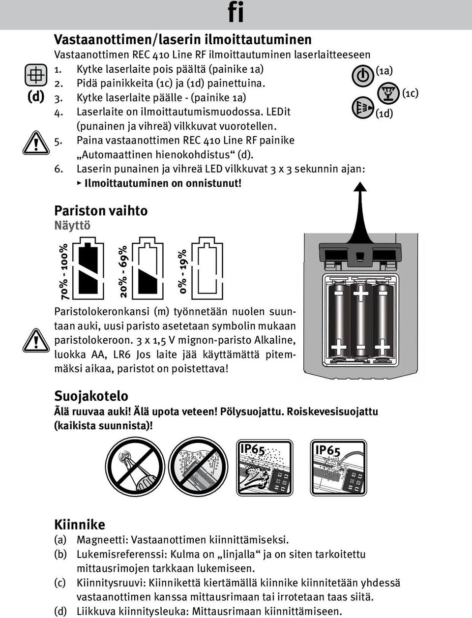 Laserin punainen ja vihreä LED vilkkuvat 3 x 3 sekunnin ajan: Ilmoittautuminen on onnistunut!